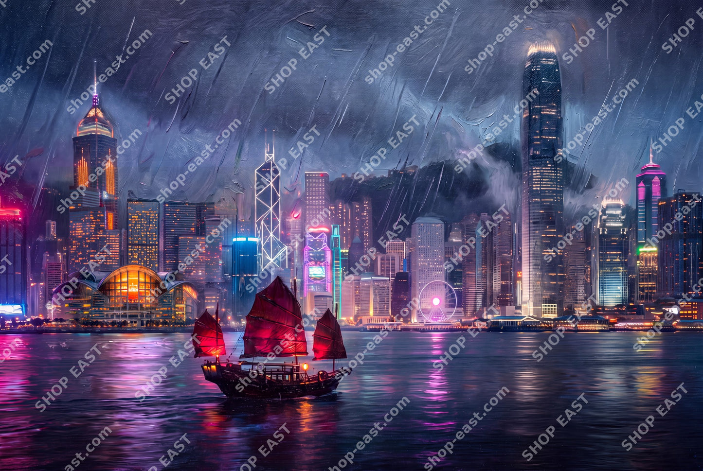 Harbour Glow art — Victoria Harbour junk boat — Shop East