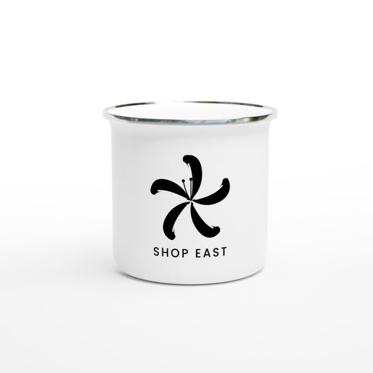 Shop East enamel mug in white with the bauhinia logo