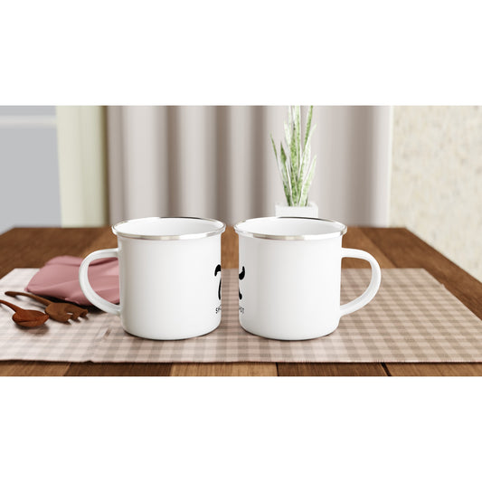 Two Shop East enamel mugs on a wooden tray