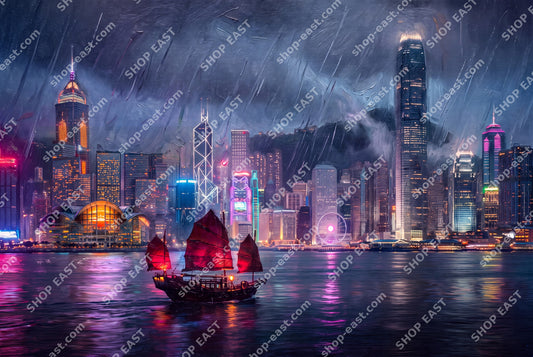 Harbour Glow art, Victoria Harbour junk boat