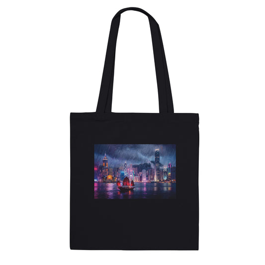Hong Kong Nights Harbour Glow tote bag in black canvas, front