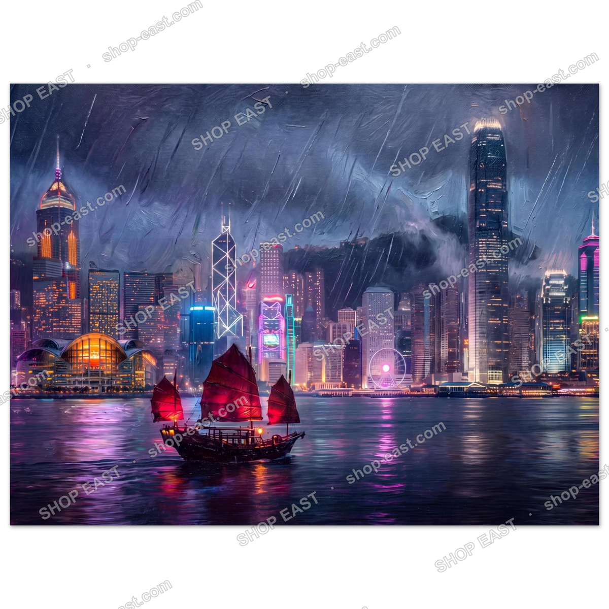 Harbour Glow poster, Victoria Harbour junk boat at night