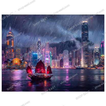 Harbour Glow poster, Victoria Harbour junk boat at night