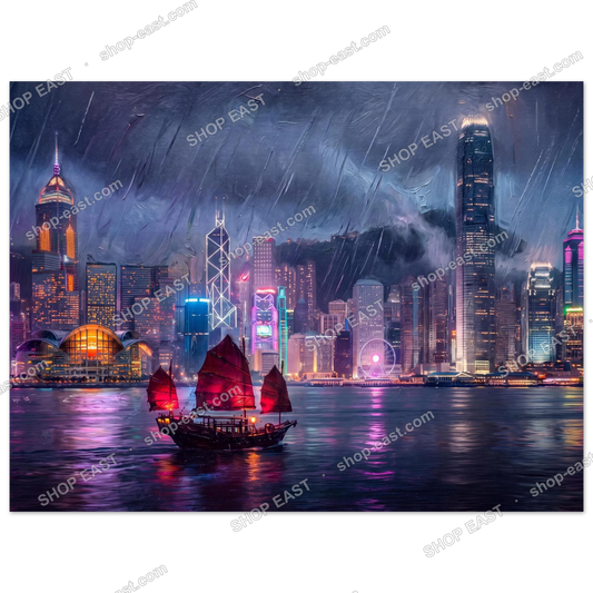 Harbour Glow poster, Victoria Harbour junk boat at night