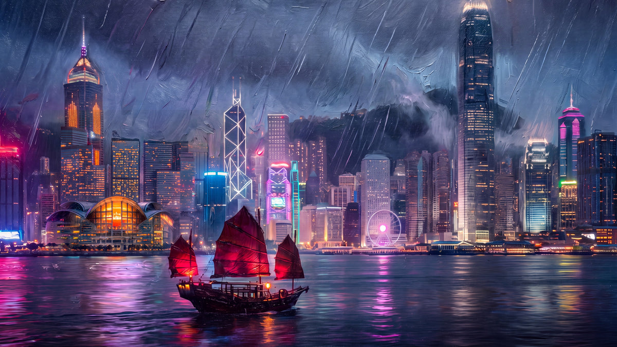 Harbour Glow, Victoria Harbour at night with a red-sailed junk boat, Hong Kong art print